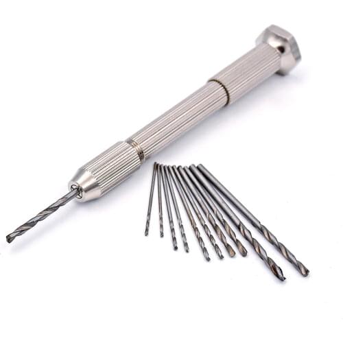Hot Mini Aluminum Hand Drill With Keyless Chuck+10Pcs 0.8mm-3.0mm HSS High Speed Steel Twist Drill Bit Sets Woodworking Tools