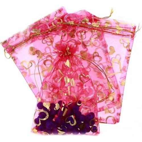 15*20cm 100pcs Rose Red Gold Heart Gift Bags For Jewelry/wedding/christmas/birthday Yarn Bag With Handles Packaging Organza Bags