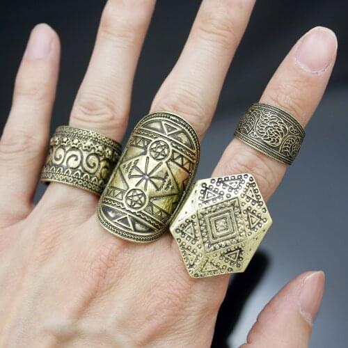Pack 4 Men Vintage Gold Tribal Pentacle Triangle Wicca Pagan Etched Band Chunky Rings Party Anillos Bague Punk Dropship