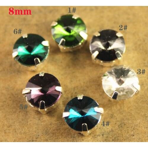 Free Shipping -60 pcs/lot 8mm Round Pointed Glass Bead with Silver Metal Base Sew On Glass Strass Glass Sewing Beads, 6 Colors