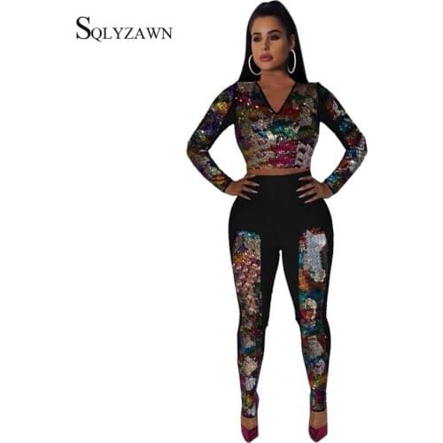 Glitter Color Block Sequin Autumn Two Piece Set Women Sexy Long Sleeve Shirt Top Pants Streetwear Club Matching Outfit Plus Size