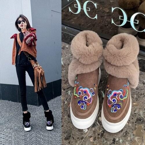 OLOMLB Womens Pointy Toe Real Rabbit Fur Ankle Boots Platform Embroidery Wedge Heel Shoes Warm Winter Snow Furry Austrilian