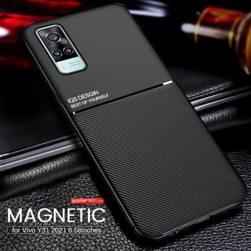 Covers for Vivo Y 31 Case Leather Texture Car Magnetic Holder Case for Vivo Y31 2021 V2036 6.58'' Soft Silicone Shockproof Coque