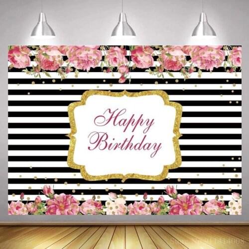 Black White Striped Line Pattern Happy Birthday Backdrop Photographic Women Birthday Celebration Party Floral Background Photo
