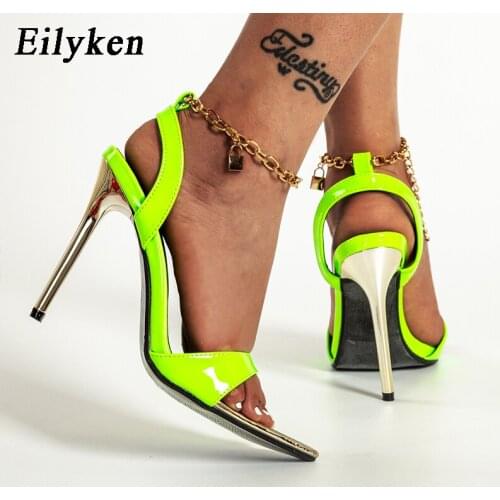 Eilyken Fashion Ankle Metal Chain Decoration Women Sandals Thin High Heels Summer New Sexy Pointed Toe Pumps Female Party Shoes