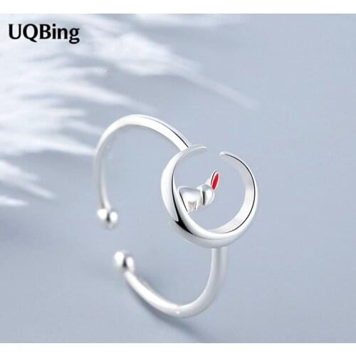 925 Sterling Silver Creative Moon & Rabbit Finger Rings for Women Fine Jewelry Gifts