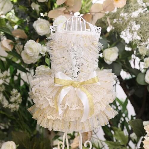 Free Shipping Handmade Dog Clothes Golden Shoulder-Straps Lace Dog Evening Dress Cats Poodle Maltese Yorkie