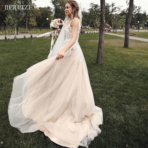 JIERUIZE Lace Appliques Champagne Boho Wedding Dresses V-neck Summer Bride Dresses Wedding Gowns robe de mariee