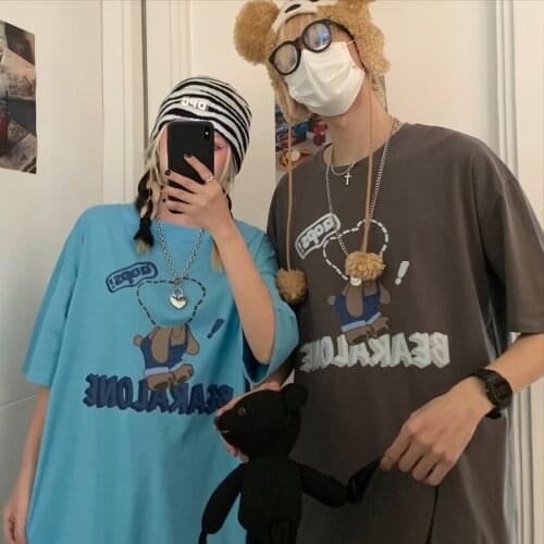 2021 Summer Youth Clothing Kawaii Bear Print Mens And Womens T-Shirts Korean Fashion Hip-Hop Oversized Couple Clothes