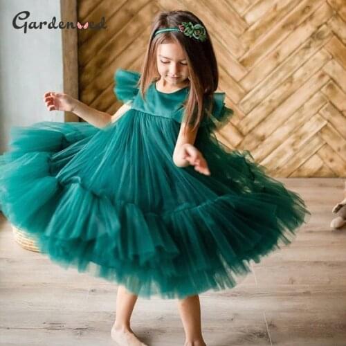 Lovely Green Tulle Princess Gown Flower Girl Dress Wedding Birthday Children Wear Party First Communion Dresses Ruffler