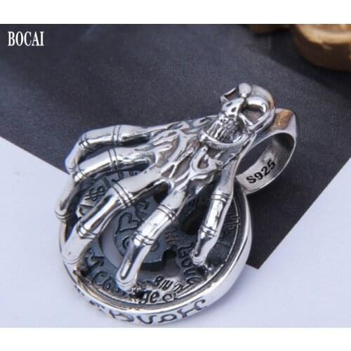 BOCAI New Real Solid s925 Silver Jewelry Retro Skull Devil smile round Card Hip-hop Personality Harajuku Punk Man Pendant