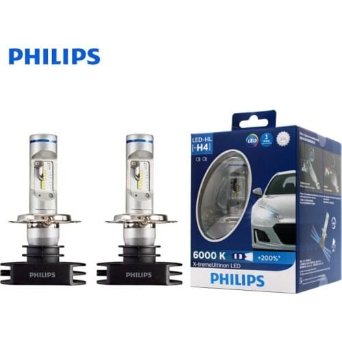 Philips LED H4 9003 X-treme Ultinon LED Car Headlight Auto Hi Lo Beam 6000K White Original Bulbs +200% Brighter 12953BWX2, Pair