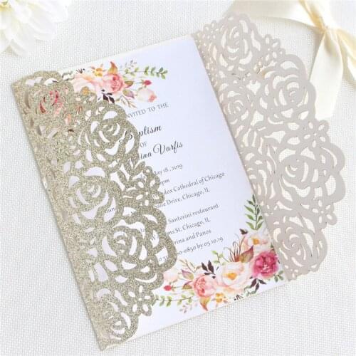Invitation wedding card glittery rose laser cutting with ribbon decoration personalized printing 50pcs