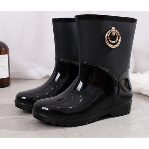 Fashion Girls Shoes Ladies Short Ankle PVC Rainboots Non-slip Fur Leather Boots Rubber Rain Boots for Women Waterproof