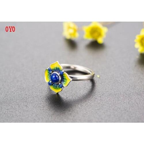 S925 silver Thai cloisonne ring flower opening