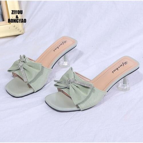 Transparent High Heels Women Square Toe Sandals Summer Shoes Clear Pumps Wedding Jelly Buty Damskie Slippers butterfly-knot