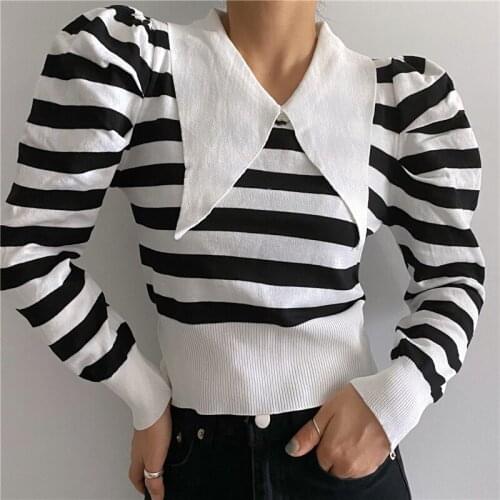 Striped Knitted Sweater Pullover Women 2021 Full Puff Sleeve Peter Pan Collar Crop Top Girls Sweet Knitwear Jumper