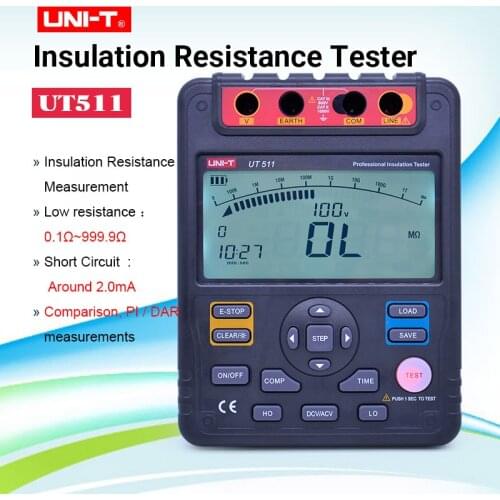 UNI-T UT511 Digital Insulation Resistance Testers Meter 1000V 10Gohm Megohmmeter Low Ohm Ohmmeter VoltmeterAuto Range Megger