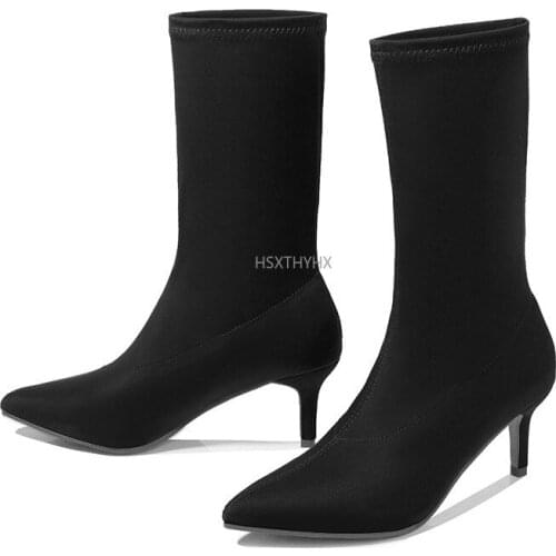 Spring Fashion Women Boots Black Pointed Toe Elastic Ankle Boots Heels Shoes Autumn Winter Comfort Stretch Female Socks Boots