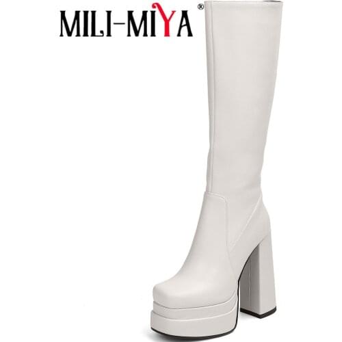 MILI-MIYA 2021 Autumn Fashion Knee High Boots Platform Thick Heels Square Toe Ladies Solid Color Zipper Black Beige Party Shoes