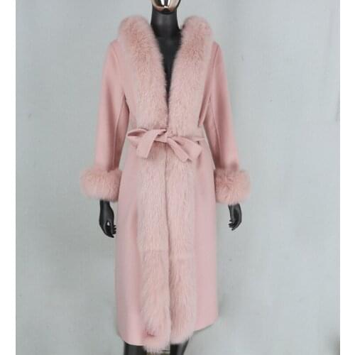 2020 New Pink X-long Cashmere Wool Blends Real Fur Coat Belt Winter Jacket Women Natural Fox Fur Collar Hooded Streetwear