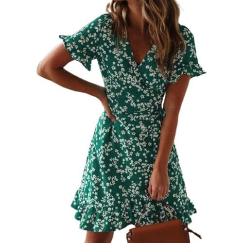 Y166 Women Summer Short Sleeve Floral Print A-Line Mini Dress Sexy Wrap V-Neck Pleated Ruffles Hem Bohemian Beach Sundress with
