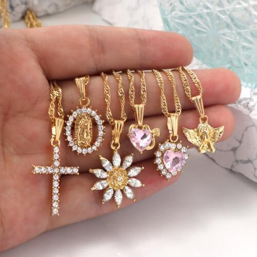 Bohemia Crystal Cross Virgin Mary Portrait Pendant Necklace For Women Multilayer Heart Flower Metal Twist Chain Necklaces Jewely