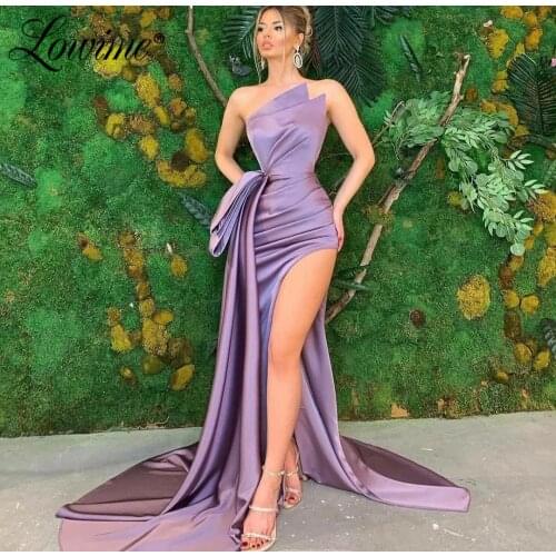 Lowime Purple Long Prom Dresses Satin Formal Simple Party Gowns Strapless Mermaid Cheap Evening Dress Robe De Soiree 2021 Custom