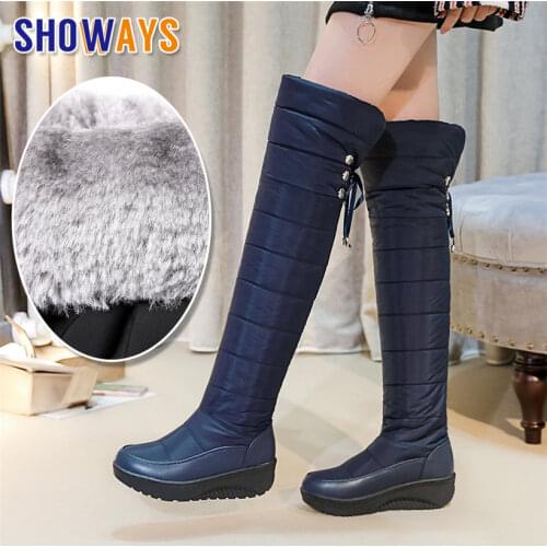 Winter Women Thigh High Snow Boots Blue Black Waterproof Down Wedge Platform Heels Casual Lady Lace Up Fur Long Over Knee Boots