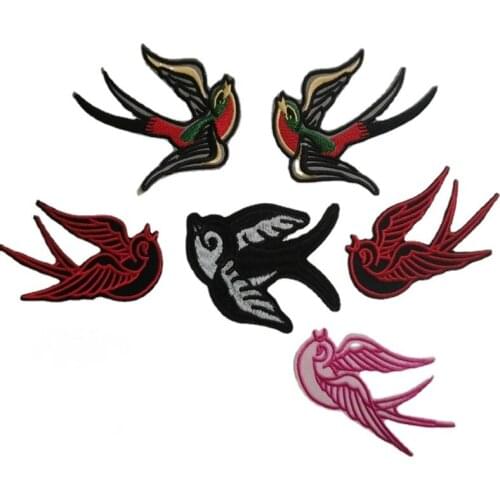 1 Pair New Colorful Swallow Patch Bird Tattoo Sparrow Embroidered Iron on Applique Cloth Dress Scrapbooking Printed Stripe Decal
