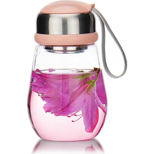 Free shipping 300-400ml high borosilicate glass with stainless steel infuser package into the colored bags, cute water bottle