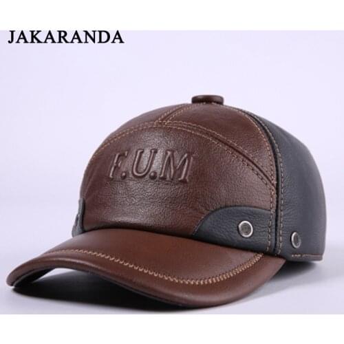 RY153 Winter Genuine Leather Patchwork Baseball Caps For Men Golf Peaked Dome Hats Male Letters Adjustable Ear Warm Casquette