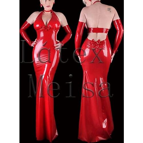 Bling red halter latex evening dress backless with bowknots decoration and including long gloves