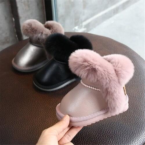 2021 New Winter Girls Boots Leather Princess Warm Plush Cotton Kids Shoes Non-slip Fashion Toddler Baby Shoes 15-25