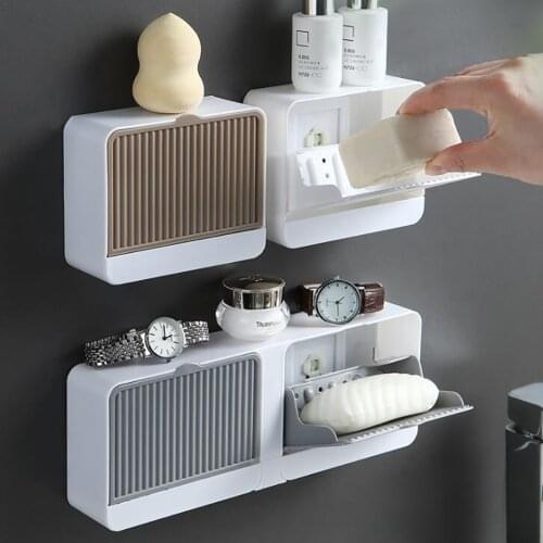 Soap Dish Holder Bathroom Shower Waterproof Wall Mounted Soap Container Box with Lid Drawer Soap Drainer Rack