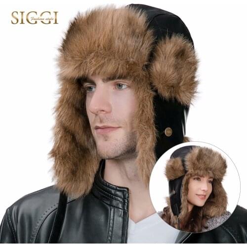 FANCET Winter Faux Fur Bomber Hats Mens Faux Leather Waterproof Warm Adjustable Windproof Chin Cord Ushanka Hats Women 99730