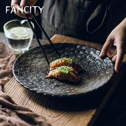 FANCITY Round creative flat plate Large size 10 inch Japanese simple dish plate Japanese restaurant ceramic plate shallow plate