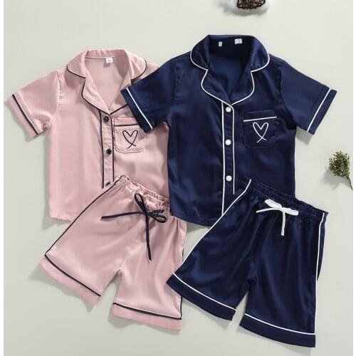 FOCUSNORM Summer Casual Kids Boys Girls Pajama Sets 1-6Y Solid Short Sleeve Single Breasted Tops Shorts 2pcs Sleepwear