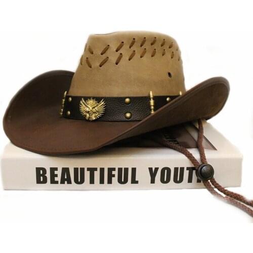 Unisex Women Men Retro Two Guns Suncha Band PU Leather Roll Up Wide Brim Sombrero Sun Cap Beach Cowboy Cowgirl Western Hat 58cm