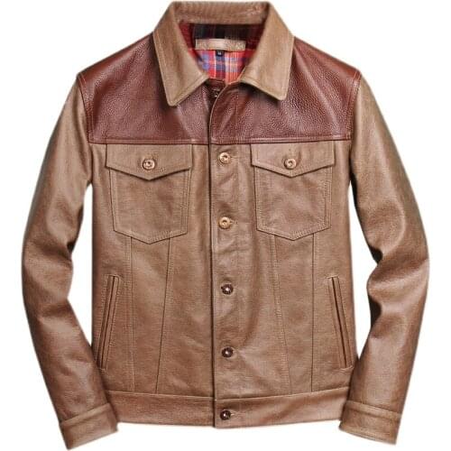 Mens Genuine =Cowhide Denim Casual Leather Jacket Slim Motorcycle Suit Leather Jacket Spring / Autumn Mens Leather Jacket Coat