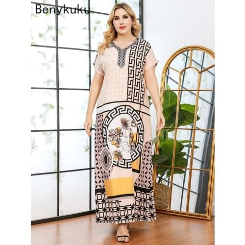 Summer Women Casual Short Sleeve Floral Print Tank Maxi Dress Plus Size V Neck Loose Abaya Kaftan Ramadan Robe Moroccan Gown