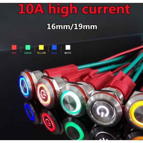16mm19mm 10A High Current Metal Button Switch Led24V Self Recovery Self Locking Oxide Black Button Power Start Switch Waterproof