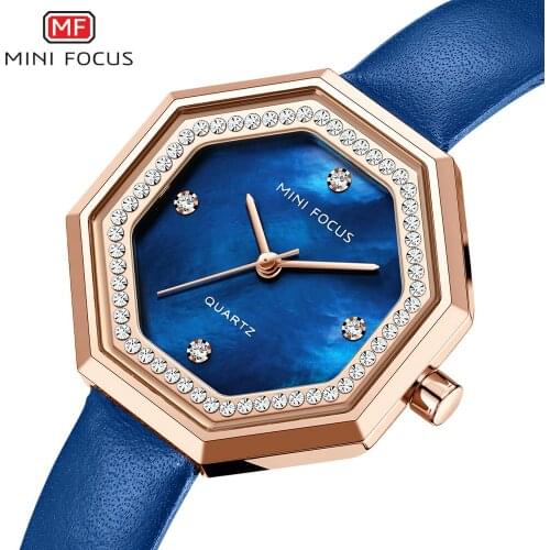 MINIFOCUS Fashion Elegant Women Quartz Watches Blue Leather Strap Diamond Iced Out Brand Luxury Lady Watch Waterproof Gilr Clock