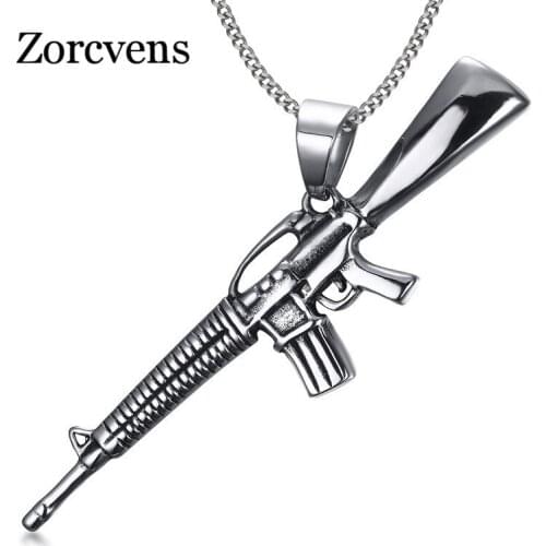 Modyle Mens Necklace Stainless Steel Gun Rifle Iced-Out Pendant Chocker Army Style Collier Fashion Jewelry