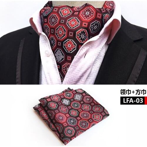 British Style Men Ascot Pocket Square Set Burgundy Geometric Pattern Neck Tie Scarf