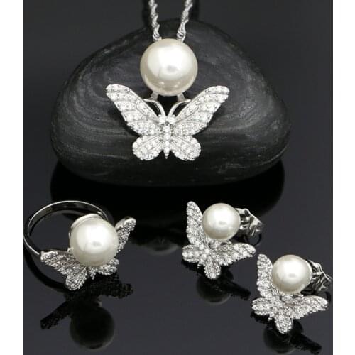 925 Silver Bridal Jewelry Sets For Women White Pearl Beads Crystal Butterfly Ring Pendant Necklace Earrings