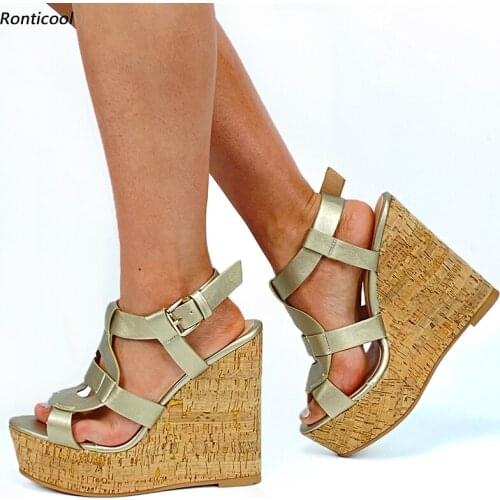 Ronticool New Womens Gladiator Sandals Hollow Wedges High Heels Open Toe Gorgeous Gold Silver Night Club Shoes US Plus Size 5-20