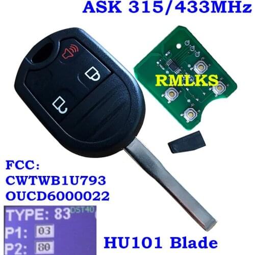 For FORD FIESTA HIGH SECURITY 80 BIT KEYLESS REMOTE HEAD FOB 164-R7976 5922964 433MNhz 315Mhz 3 BUTTONS HU101 BLADE
