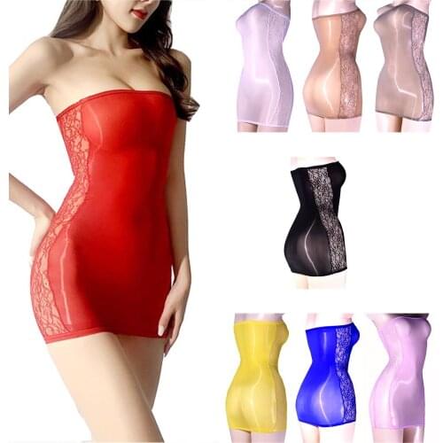 Sexy Ladty Glossy Sheer Strapless Mini Dress with See-Through Side Floral Lace Bodycon Sleeveless Tube Sleepdress