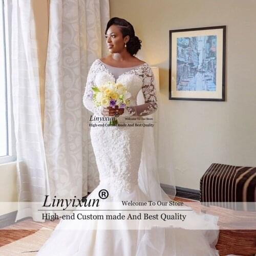 Vintage Scoop Neck Mermaid Wedding Dresses With Sleeves Vestidos de noiva 2021 Africa Lace Applique Pearl Bridal Gowns Plus Size